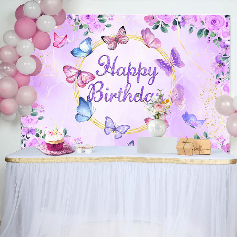 Lofaris Floral Purple Butterflies Happy Birthday Backdrop