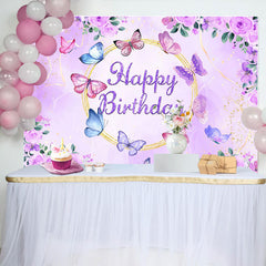 Lofaris Floral Purple Butterflies Happy Birthday Backdrop