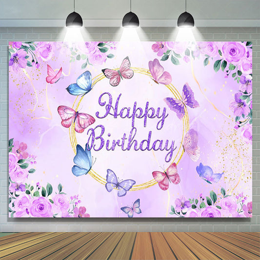 Lofaris Floral Purple Butterflies Happy Birthday Backdrop