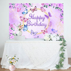 Lofaris Floral Purple Butterflies Happy Birthday Backdrop