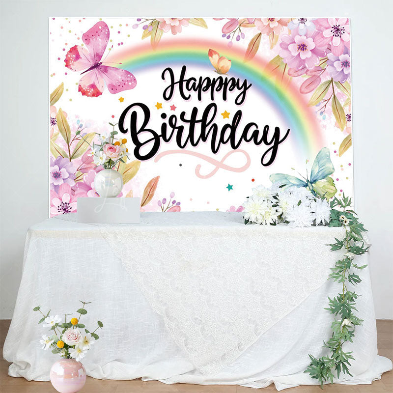 Lofaris Floral Rainbow Butterfly Happy Birthday Backdrop