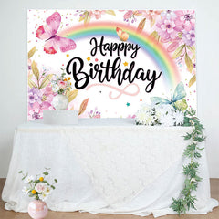 Lofaris Floral Rainbow Butterfly Happy Birthday Backdrop