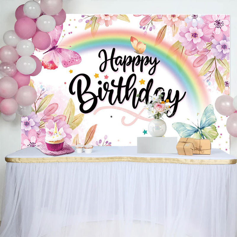 Lofaris Floral Rainbow Butterfly Happy Birthday Backdrop