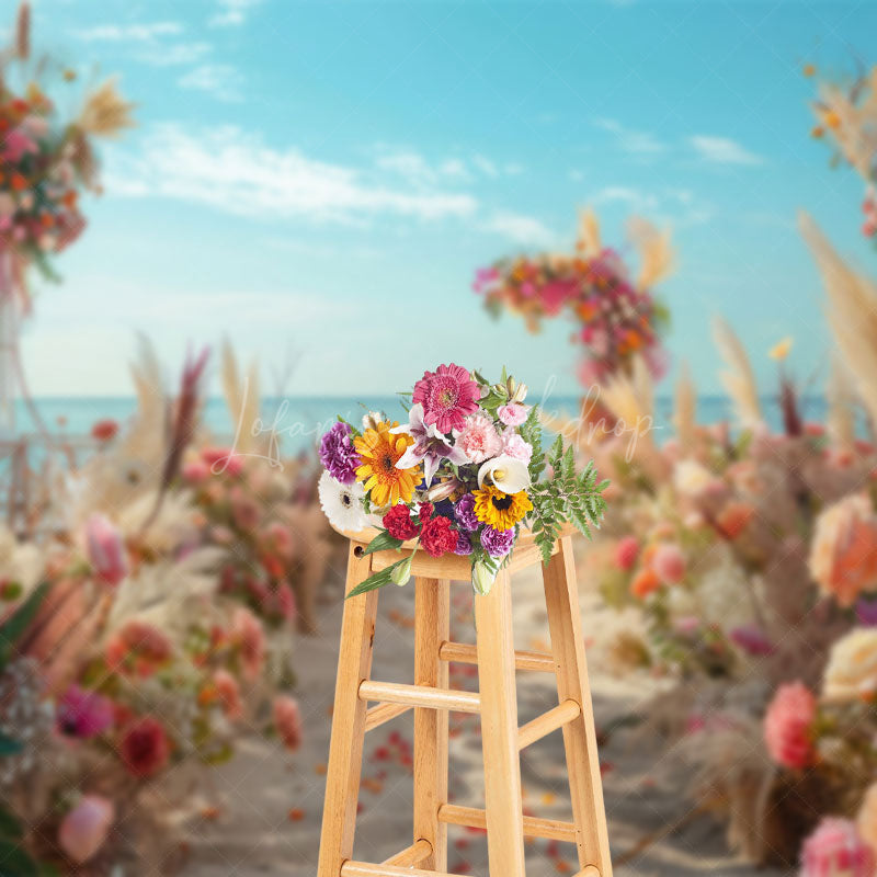 Lofaris Floral Sandy Beach Blue Sky Summer Wedding Backdrop