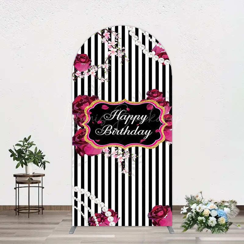 Lofaris Floral Stripe Pearl Happy Birthday Arch Backdrop