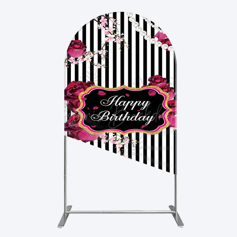 Lofaris Floral Stripe Pearl Happy Birthday Arch Backdrop