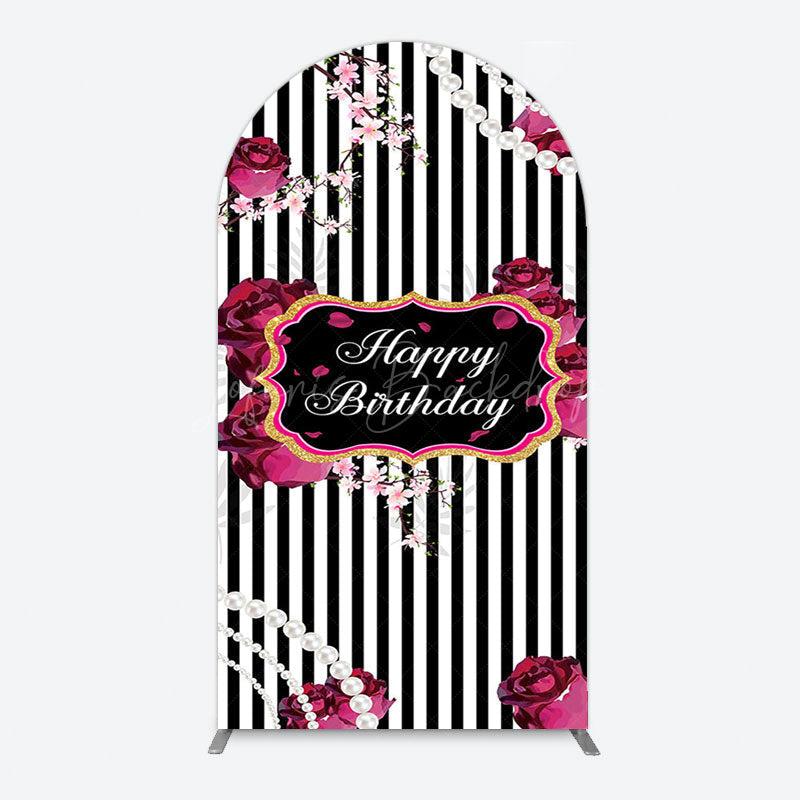 Lofaris Floral Stripe Pearl Happy Birthday Arch Backdrop