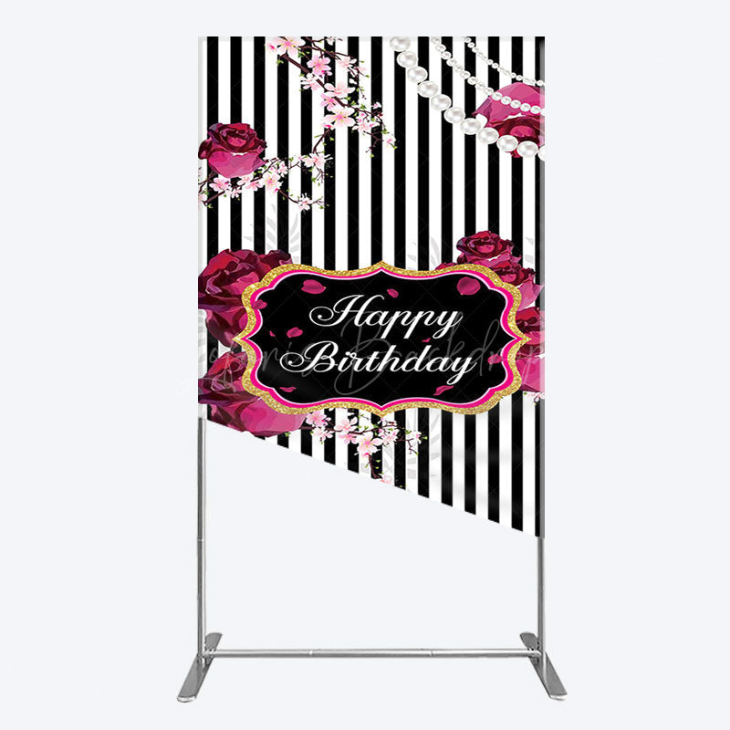 Lofaris Floral Stripe Pearl Happy Birthday Rectangle Backdrop