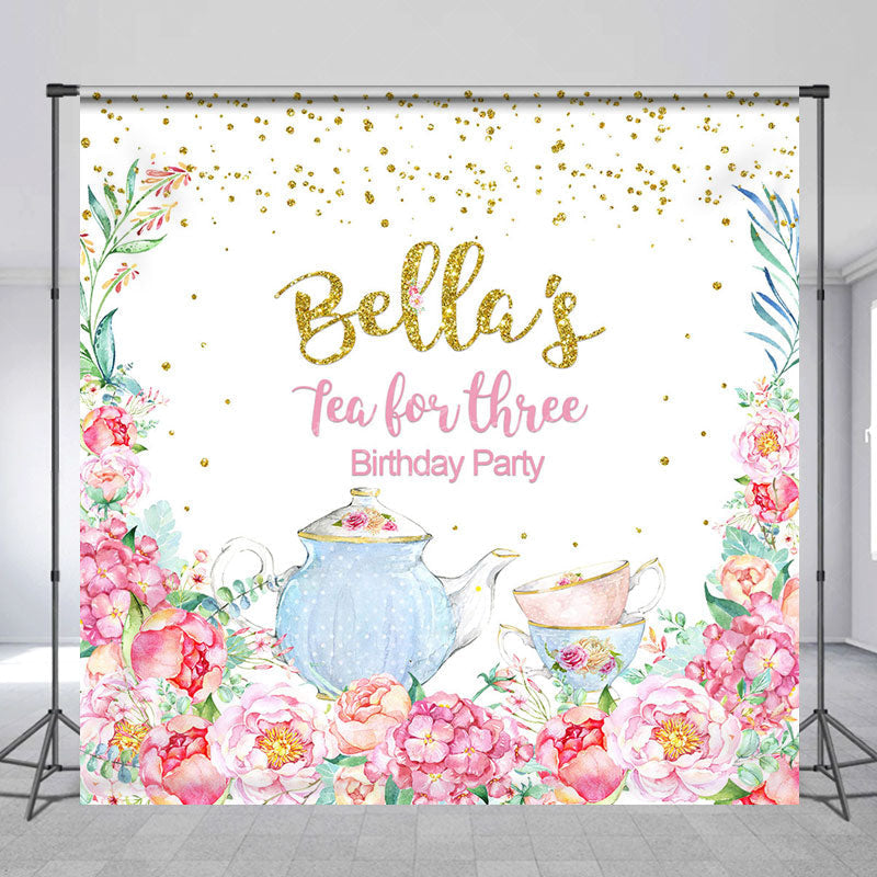 Lofaris Floral Tea For Three Custom Name Birthday Backdrop