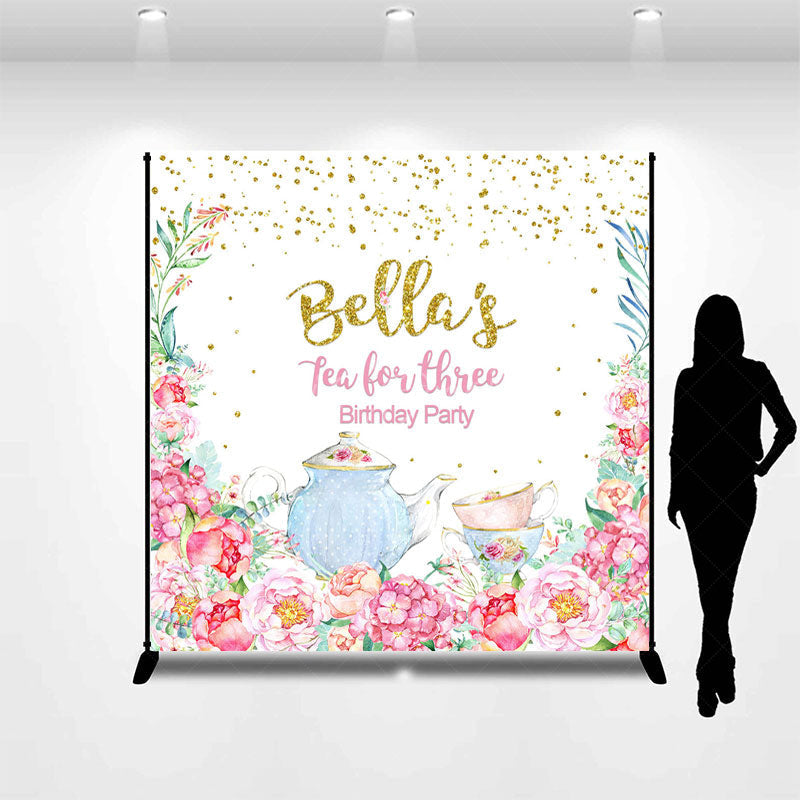 Lofaris Floral Tea For Three Custom Name Birthday Backdrop