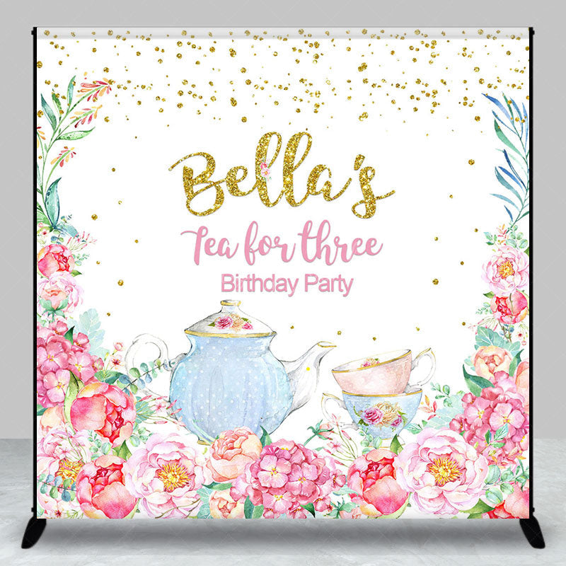 Lofaris Floral Tea For Three Custom Name Birthday Backdrop