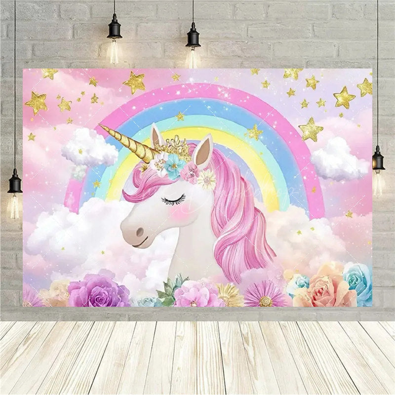 Lofaris Floral Unicorn Birthday Backdrop Rainbow Pastel Celebration Whimsical Photography Background