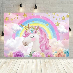 Lofaris Floral Unicorn Birthday Backdrop Rainbow Pastel Celebration Whimsical Photography Background