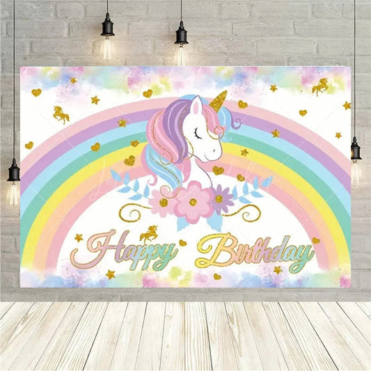 Lofaris Floral Unicorn Birthday Backdrop Rainbow Pastel Celebration Whimsical Photography Background