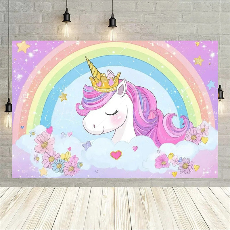 Lofaris Floral Unicorn Birthday Backdrop Rainbow Pastel Celebration Whimsical Photography Background