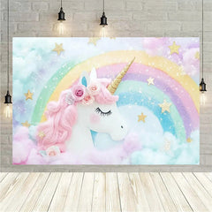 Lofaris Floral Unicorn Birthday Backdrop Rainbow Pastel Celebration Whimsical Photography Background