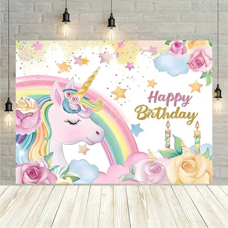 Lofaris Floral Unicorn Birthday Backdrop Rainbow Pastel Celebration Whimsical Photography Background