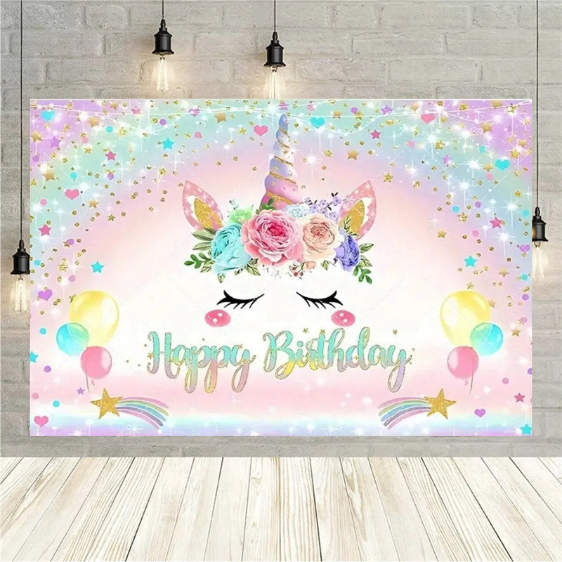 Lofaris Floral Unicorn Birthday Backdrop Rainbow Pastel Celebration Whimsical Photography Background