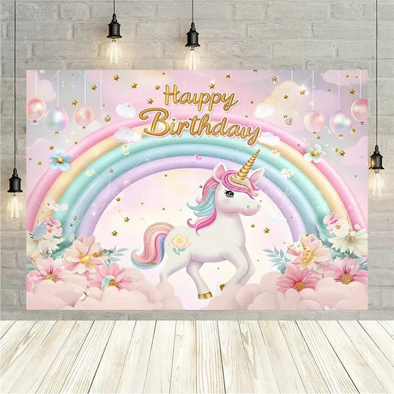 Lofaris Floral Unicorn Birthday Backdrop Rainbow Pastel Celebration Whimsical Photography Background