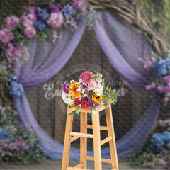 Lofaris Floral Violet Curtain Wooden Sweet Wedding Backdrop