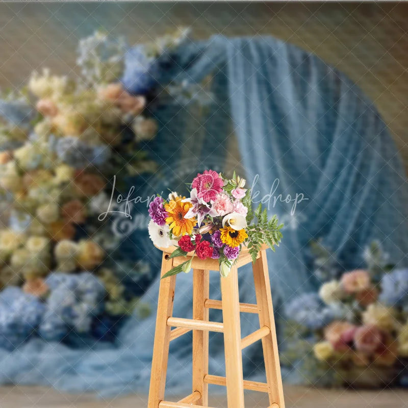 Lofaris Floral Wedding Arch Backdrop Dusty Blue Drapes with Rose Hydrangea Abstract Photography Background Decor