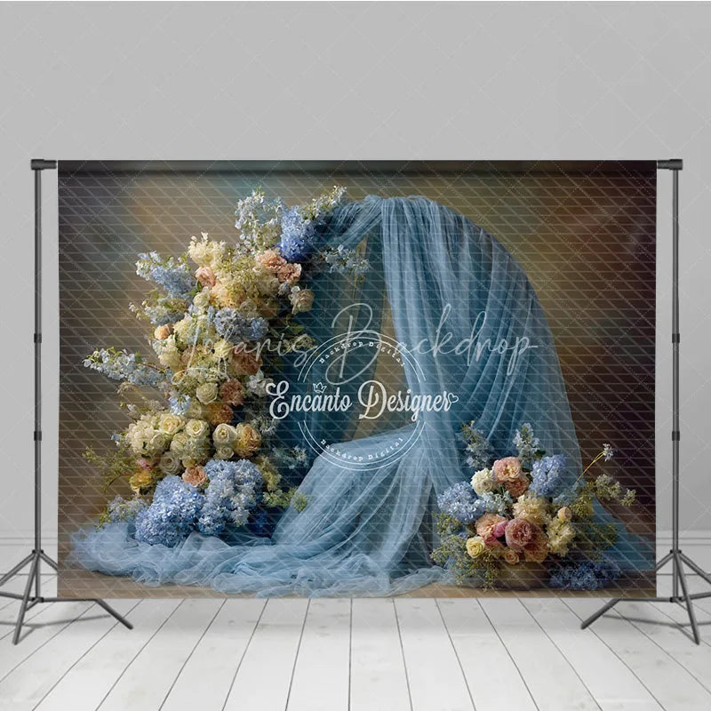 Lofaris Floral Wedding Arch Backdrop Dusty Blue Drapes with Rose Hydrangea Abstract Photography Background Decor