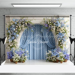 Lofaris Floral Wedding Arch Backdrop White Mantel with Blue Curtains and Hydrangea Photography Background