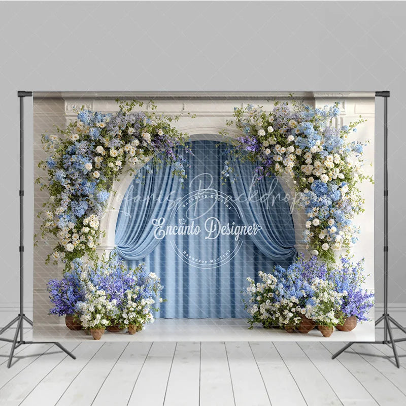 Lofaris Floral Wedding Arch Backdrop White Mantel with Blue Curtains and Hydrangea Photography Background