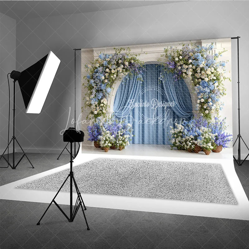 Lofaris Floral Wedding Arch Backdrop White Mantel with Blue Curtains and Hydrangea Photography Background