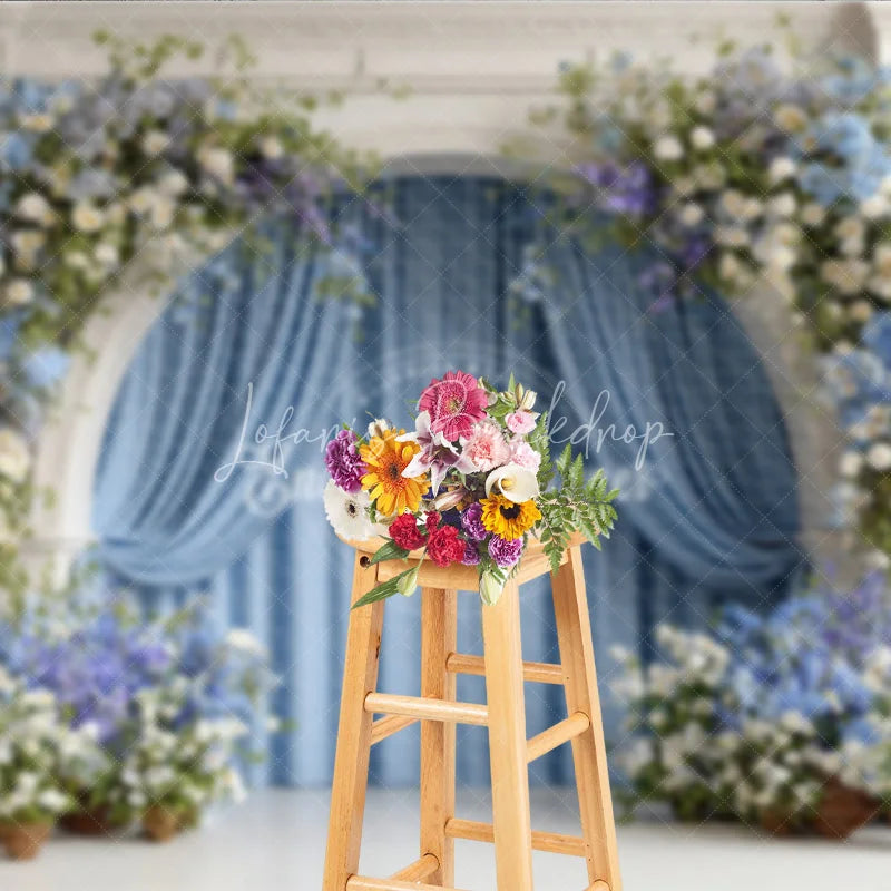 Lofaris Floral Wedding Arch Backdrop White Mantel with Blue Curtains and Hydrangea Photography Background