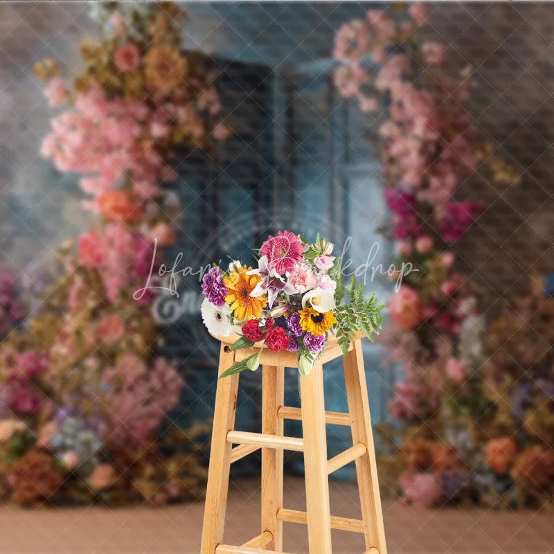 Lofaris Floral Wedding Backdrop Blue Louvered Door Photo Background Pink Rose Flower Wall for Bridal Shower Photography