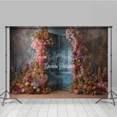 Lofaris Floral Wedding Backdrop Blue Louvered Door Photo Background Pink Rose Flower Wall for Bridal Shower Photography