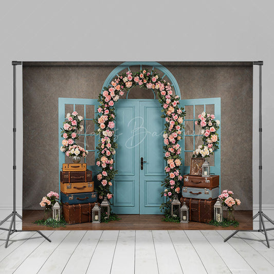 Lofaris Floral Wedding Blue Retro Door Photography Backdrop