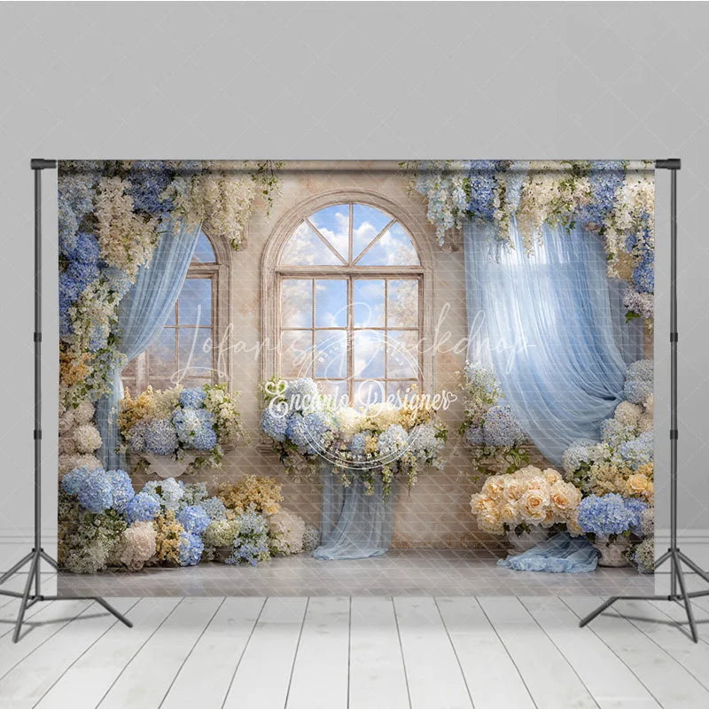 Lofaris Floral Wedding Window Backdrop Arch with Sky View Blue Hydrangea and Rose Photography Background