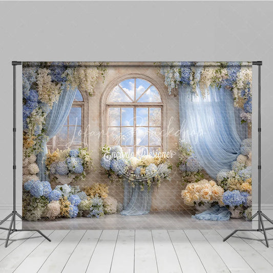 Lofaris Floral Wedding Window Backdrop Arch with Sky View Blue Hydrangea and Rose Photography Background