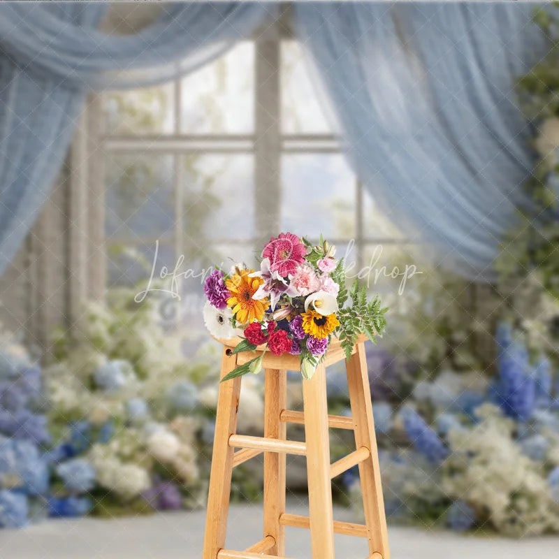 Lofaris Floral Wedding Window Backdrop Blue Drapes with Hydrangea Rose Elegant Bridal Shower Photography Props