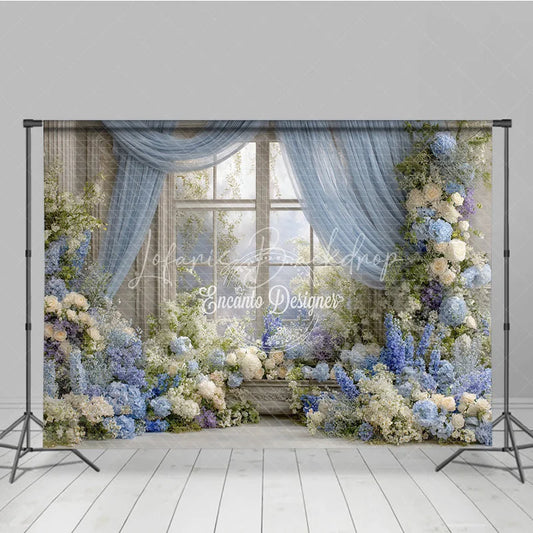 Lofaris Floral Wedding Window Backdrop Blue Drapes with Hydrangea Rose Elegant Bridal Shower Photography Props