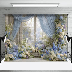 Lofaris Floral Wedding Window Backdrop Blue Drapes with Hydrangea Rose Elegant Bridal Shower Photography Props