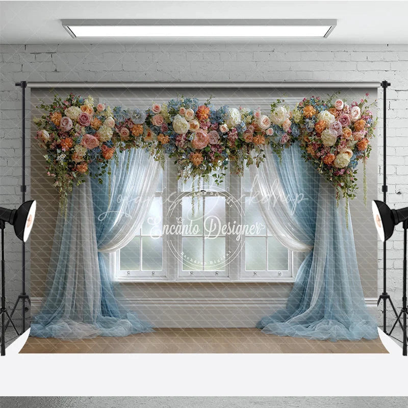 Lofaris Floral Wedding Window Backdrop Blue Drapes with Peach Rose Elegant Bridal Shower Photography Background