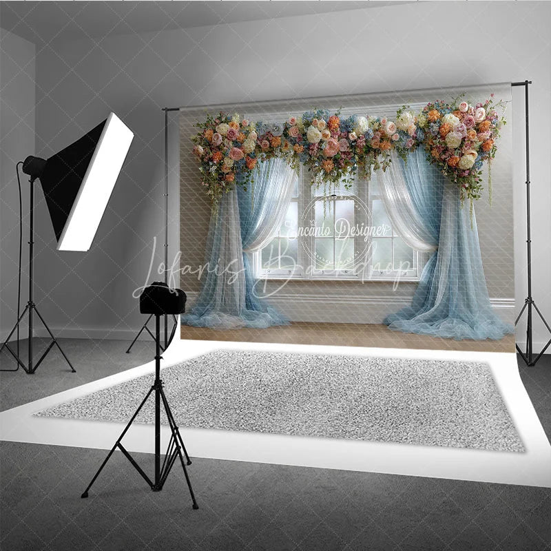 Lofaris Floral Wedding Window Backdrop Blue Drapes with Peach Rose Elegant Bridal Shower Photography Background