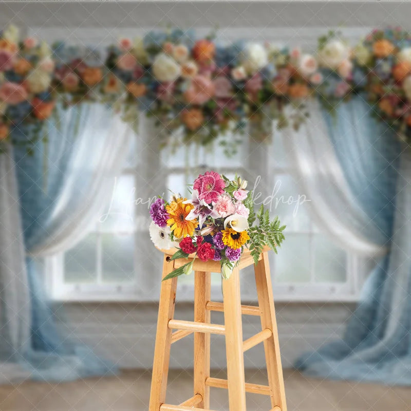 Lofaris Floral Wedding Window Backdrop Blue Drapes with Peach Rose Elegant Bridal Shower Photography Background