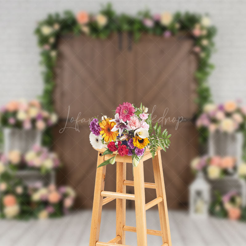 Lofaris Floral Wood Door White Brick Wall Wedding Backdrop