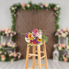 Lofaris Floral Wood Door White Brick Wall Wedding Backdrop