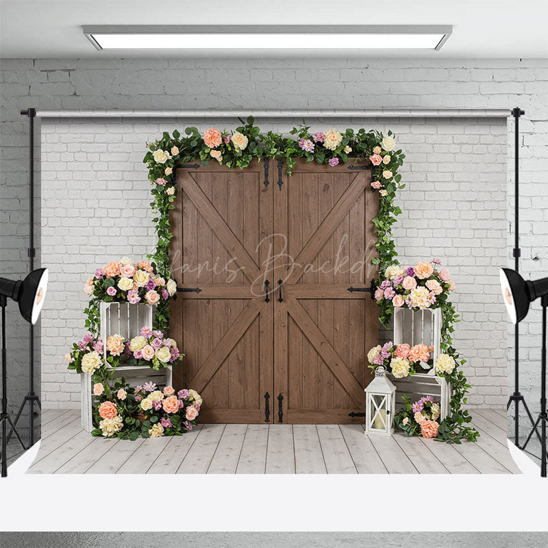 Lofaris Floral Wood Door White Brick Wall Wedding Backdrop