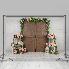 Lofaris Floral Wood Door White Brick Wall Wedding Backdrop
