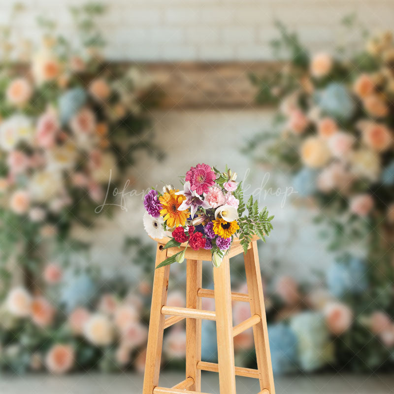 Lofaris Floral Wood White Brick Wall Sweet Wedding Backdrop