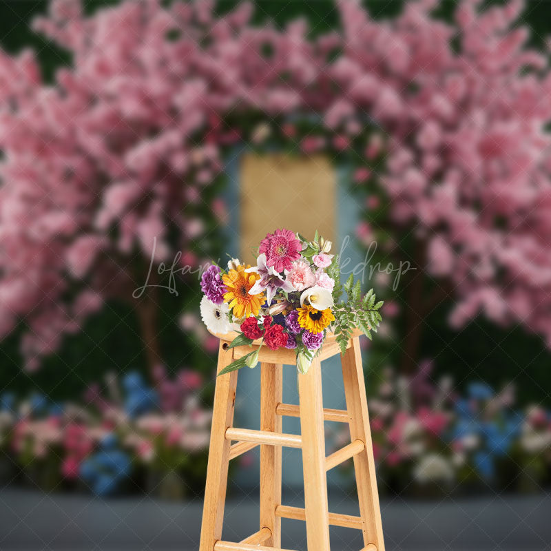 Lofaris Floral Wooden Blue Door Sweet Spring Wedding Backdrop