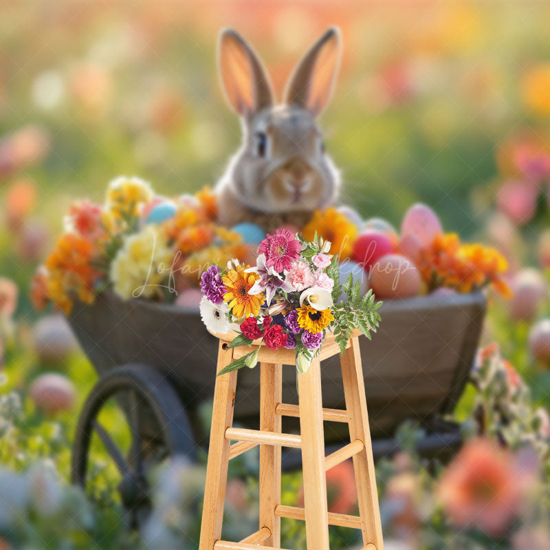 Lofaris Floral Wooden Truck With Bunny Bokeh Easter Backdrop