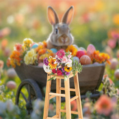 Lofaris Floral Wooden Truck With Bunny Bokeh Easter Backdrop