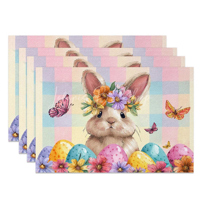 Lofaris Flower Crown Easter Bunny Set of 4 Placemats Colorful Egg Plaid Rabbit Table Mats for Party